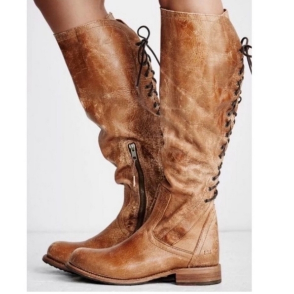 Bed Stu Shoes - BED STU Surrey Tall Riding Lace-Up Leather Distressed Boots Brown Caramel Lux